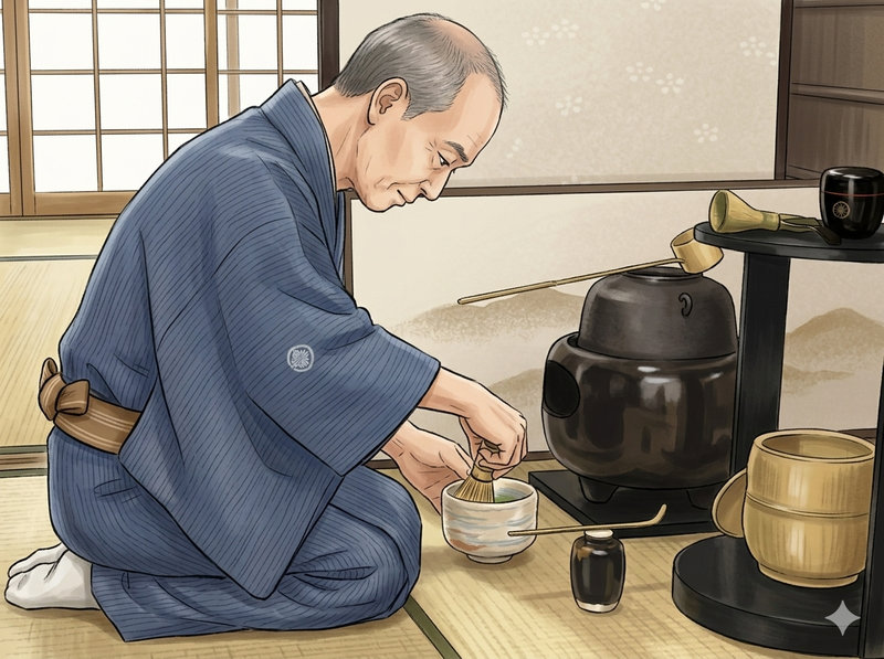 お茶を点てる主人