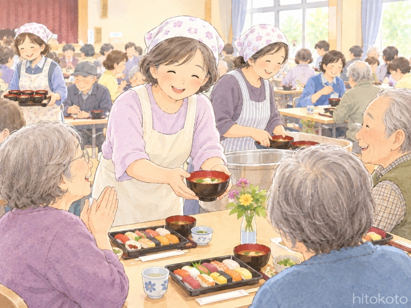 お供養の昼食におつゆを配っているところ